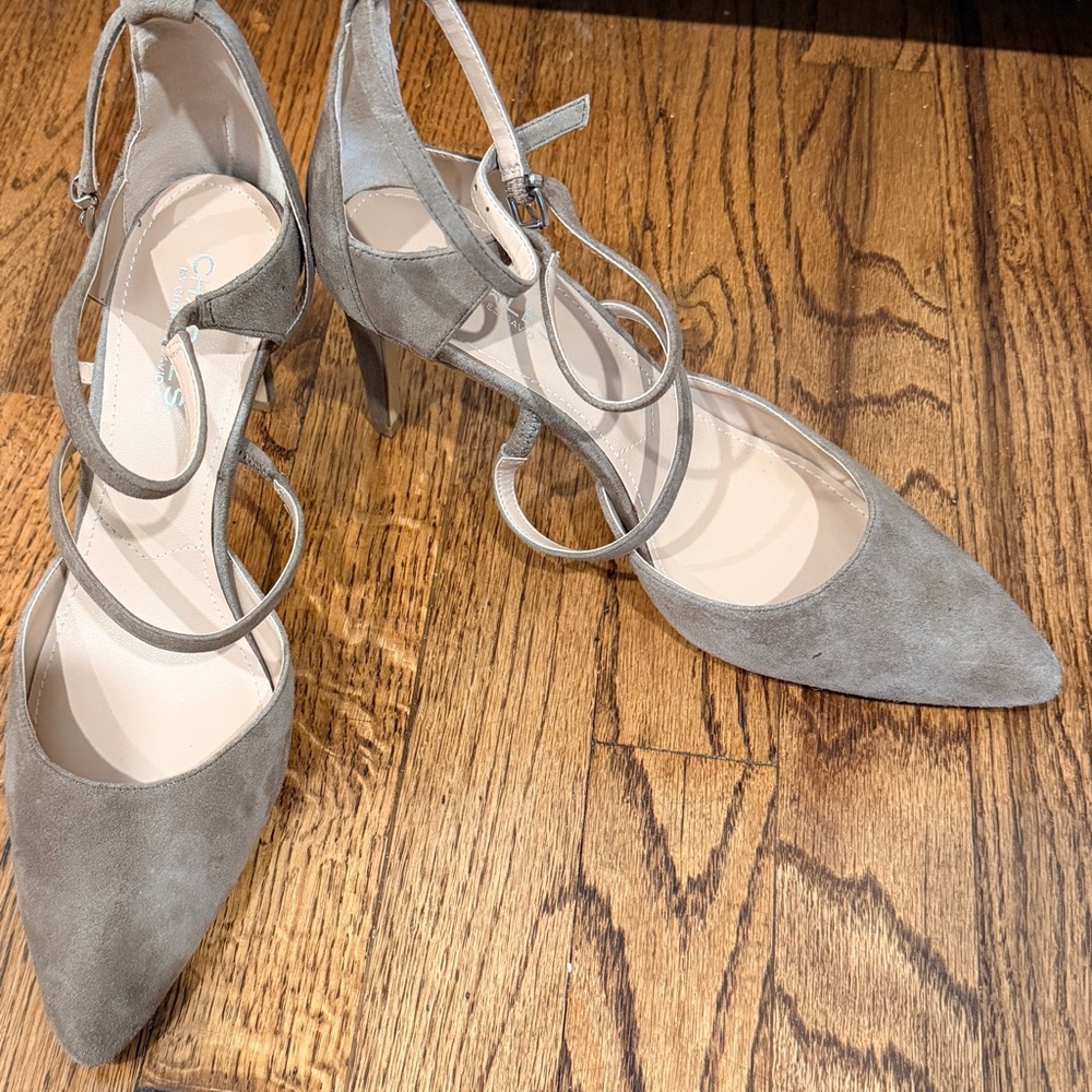Charles David Taupe Suede Pointed-Toe Ankle Strap Heels